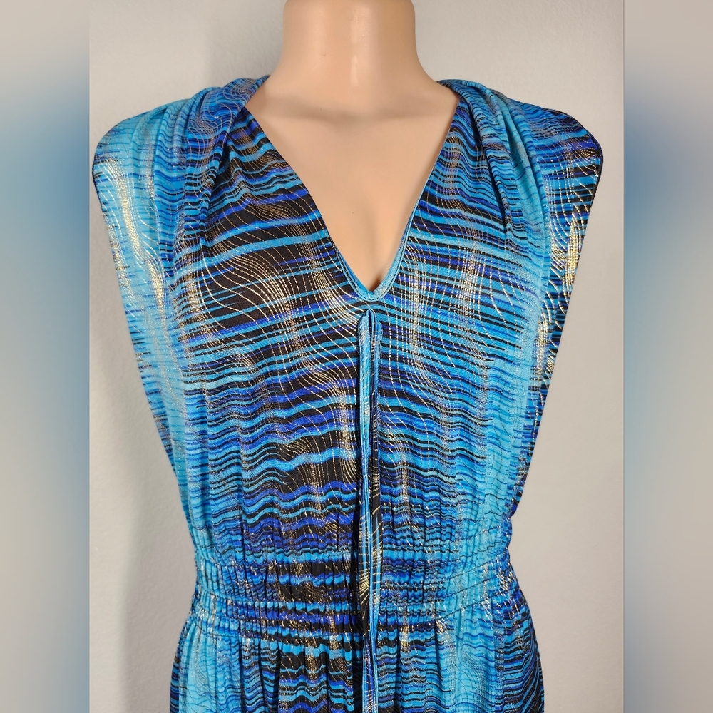 ACE Fashion Women’s Maxi Dress Blue Black Metallic Stripes Sleeveless V-Neck Med